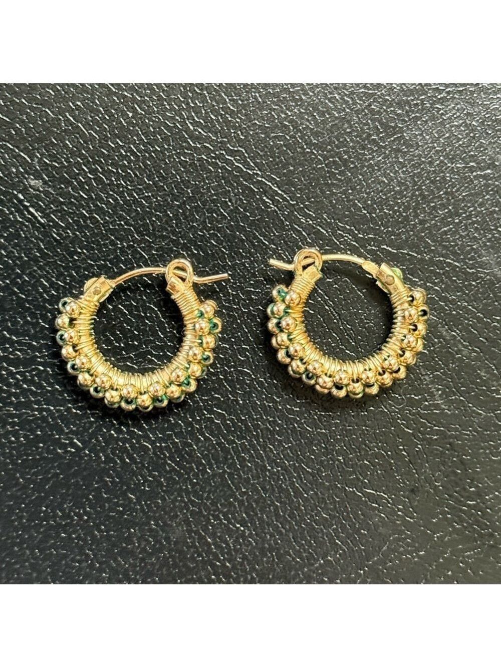 Gold Filled Huggie Hoop Earrings Wire Wrapped Beaded Gold With Green - Picture 3 of 3